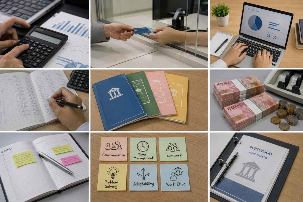 Ilustrasi perlengkapan kerja rapi seperti laptop, agenda kerja, dokumen tersusun, dan alat tulis yang mencerminkan keterampilan pendukung dalam pekerjaan perbankan.