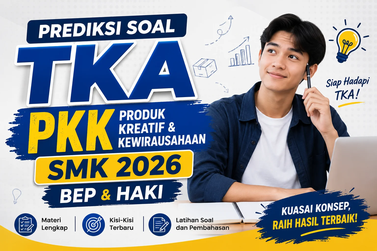 Prediksi Soal TKA Produk Kreatif dan Kewirausahaan (PKK) SMK 2026 materi BEP dan HAKI lengkap dengan kisi-kisi, latihan soal, dan pembahasan.