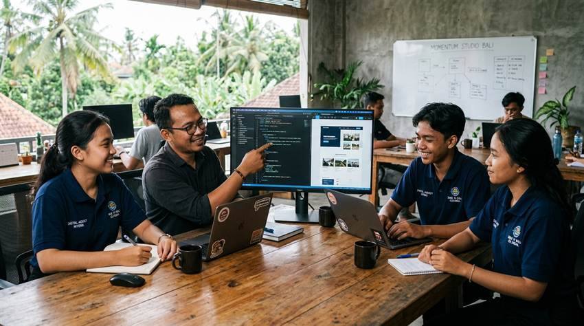Siswa SMK Teknologi Informasi sedang melakukan praktikum konfigurasi switch dan rack server di laboratorium komputer