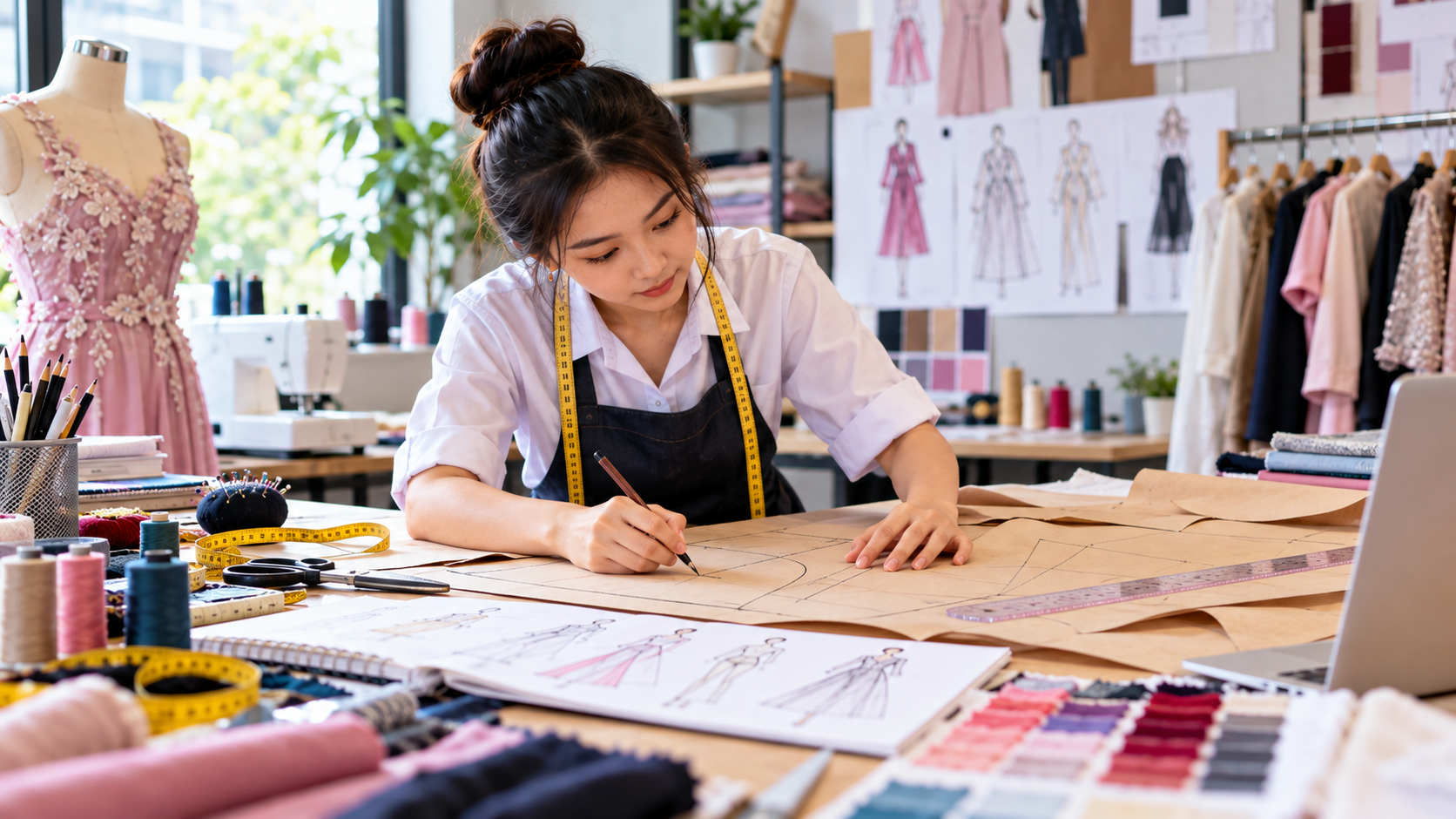 Lulusan SMK Tata Busana sedang membuat pola pakaian di studio desain fashion